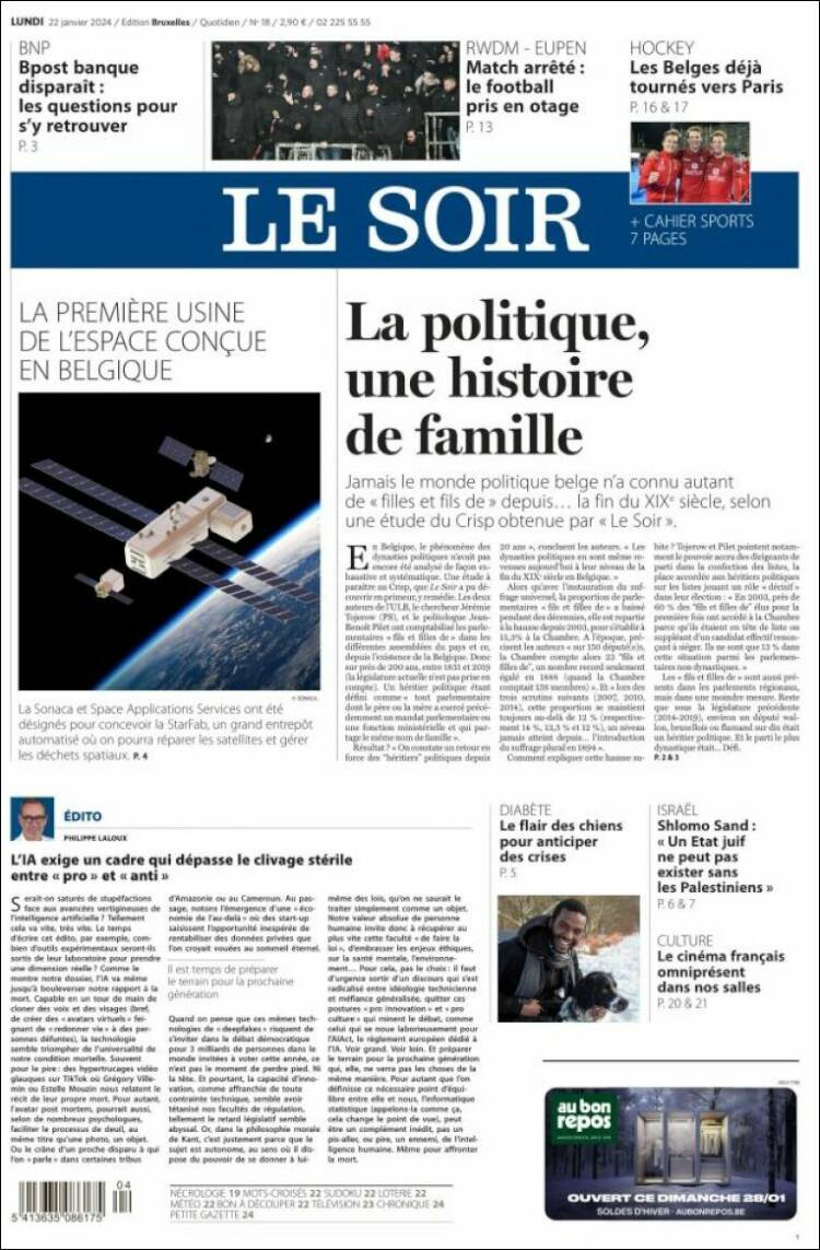 Portada de Le Soir (B&eacute;lgica)