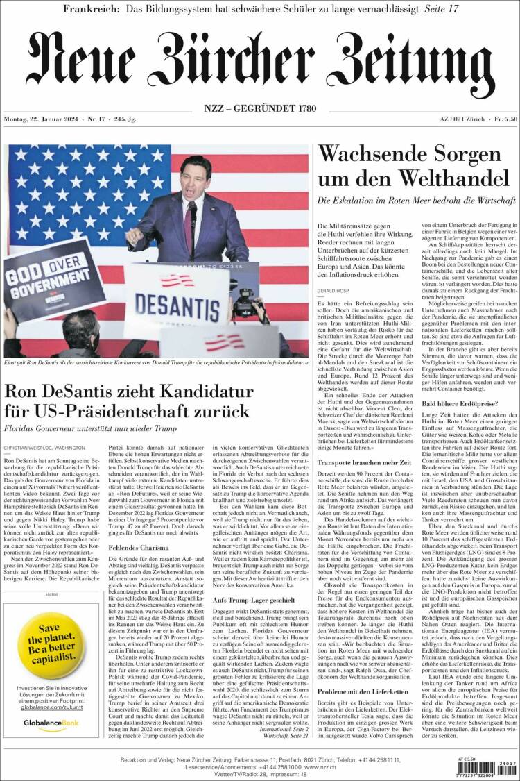 Portada de Neue Zürcher Zeitung (Suiza)