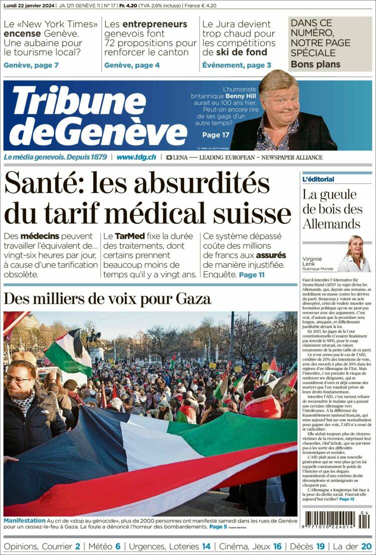Portada de La Tribune de Genève (Suiza)