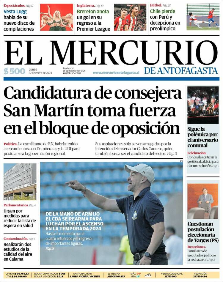 Portada de El Mercurio de Antofagasta (Chile)