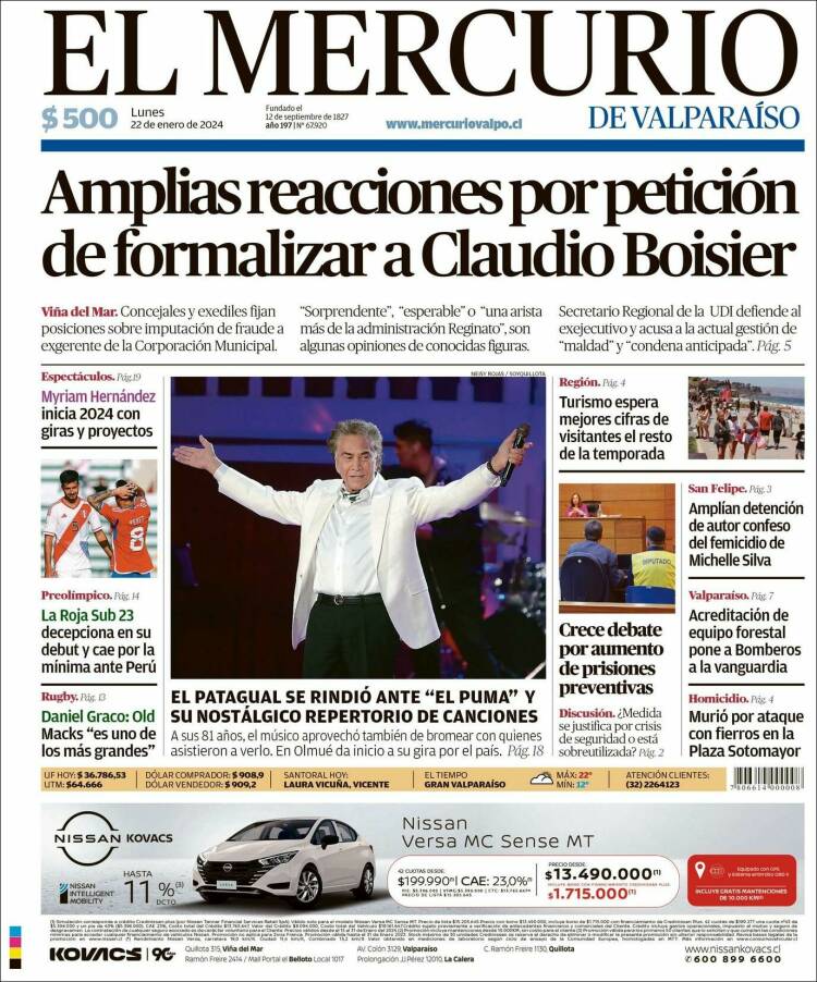 Portada de Mercurio de Valparaiso (Chile)