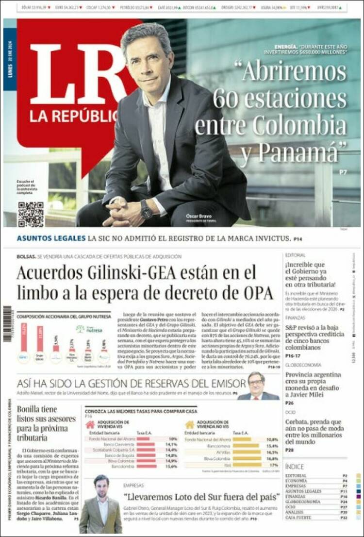 Portada de La Republica (Colombia)