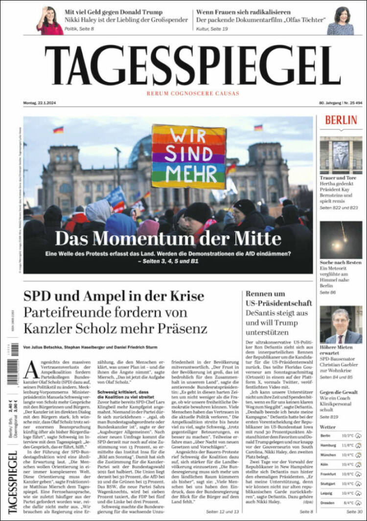 Portada de Der Tagesspiegel (Alemania)