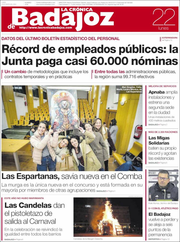 Portada de La Crónica de Badajoz (España)