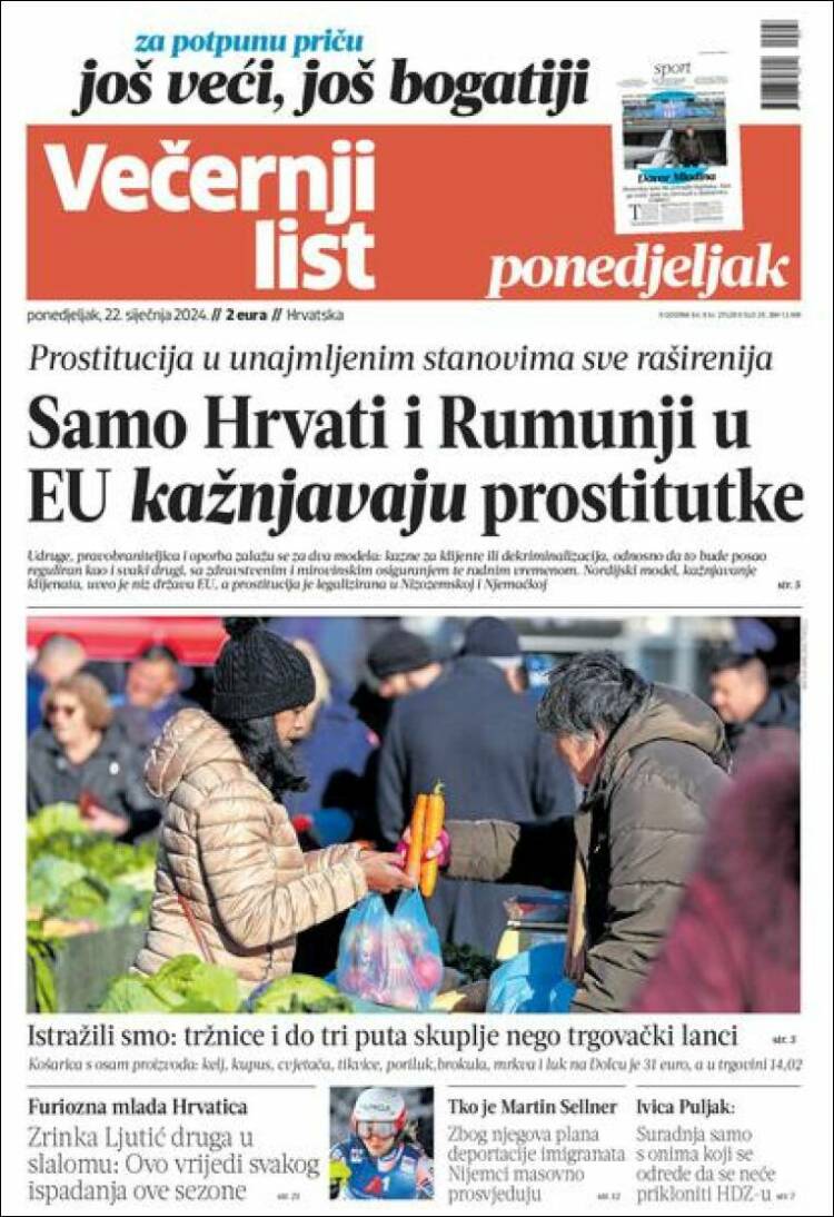 Portada de Večernji (Croacia)