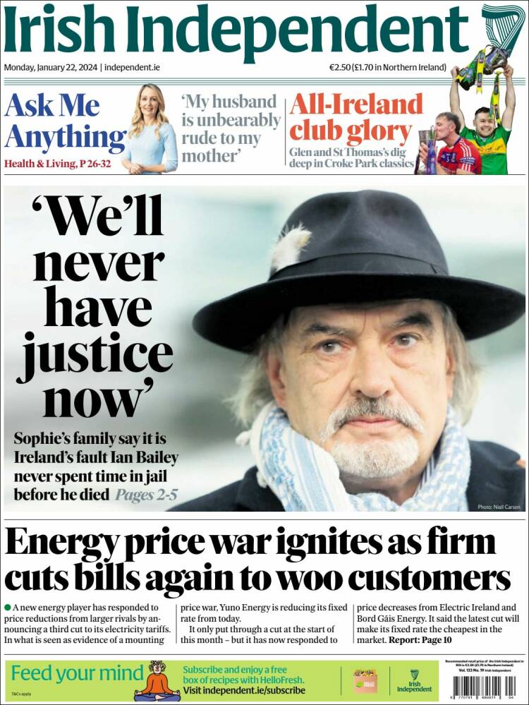 Portada de Irish Independent (Irlanda)