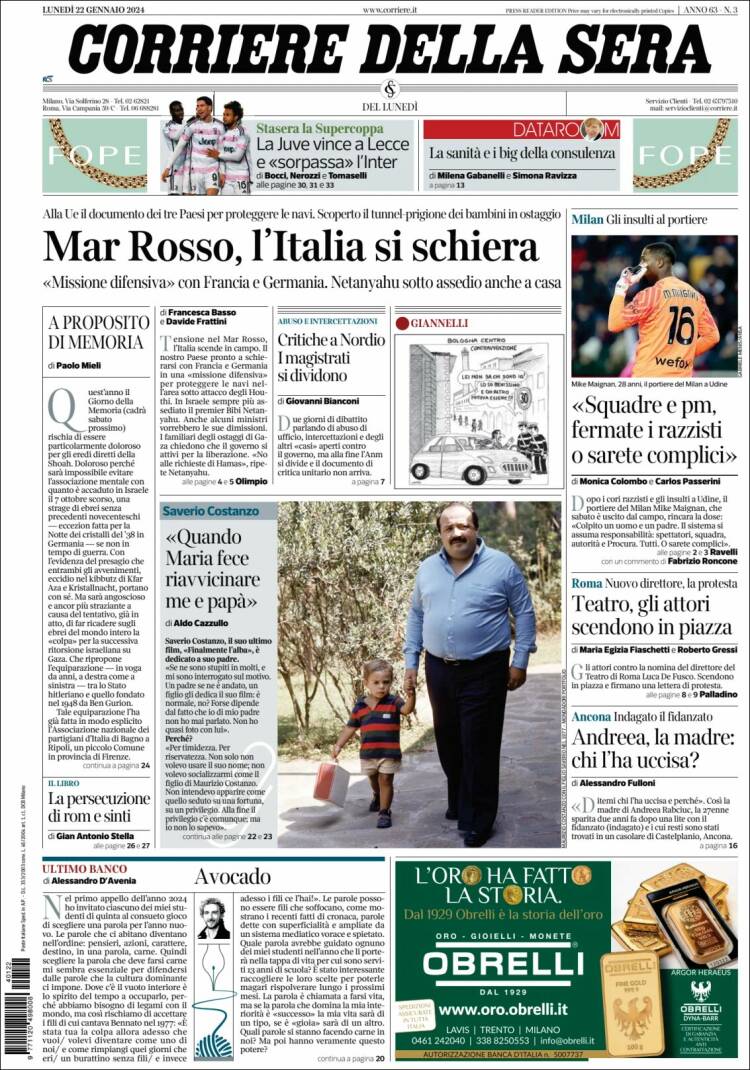 Portada de Corriere della Sera (Italia)