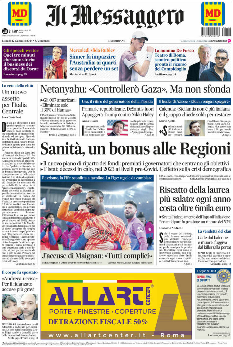 Portada de Il Messaggero (Italia)
