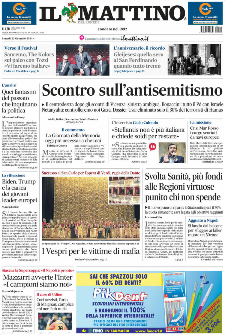 Portada de Il Mattino (Italia)
