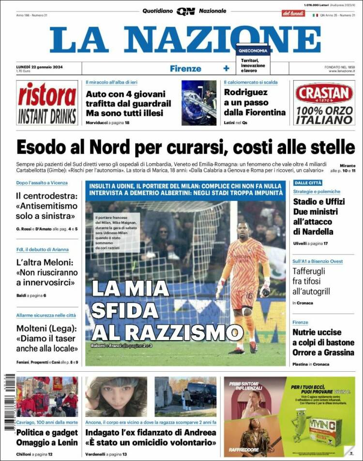 Portada de La Nazione (Italia)