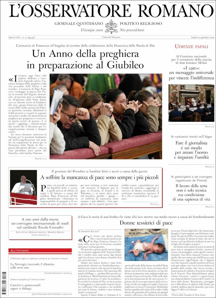 Portada de L'Osservatore Romano (Italia)