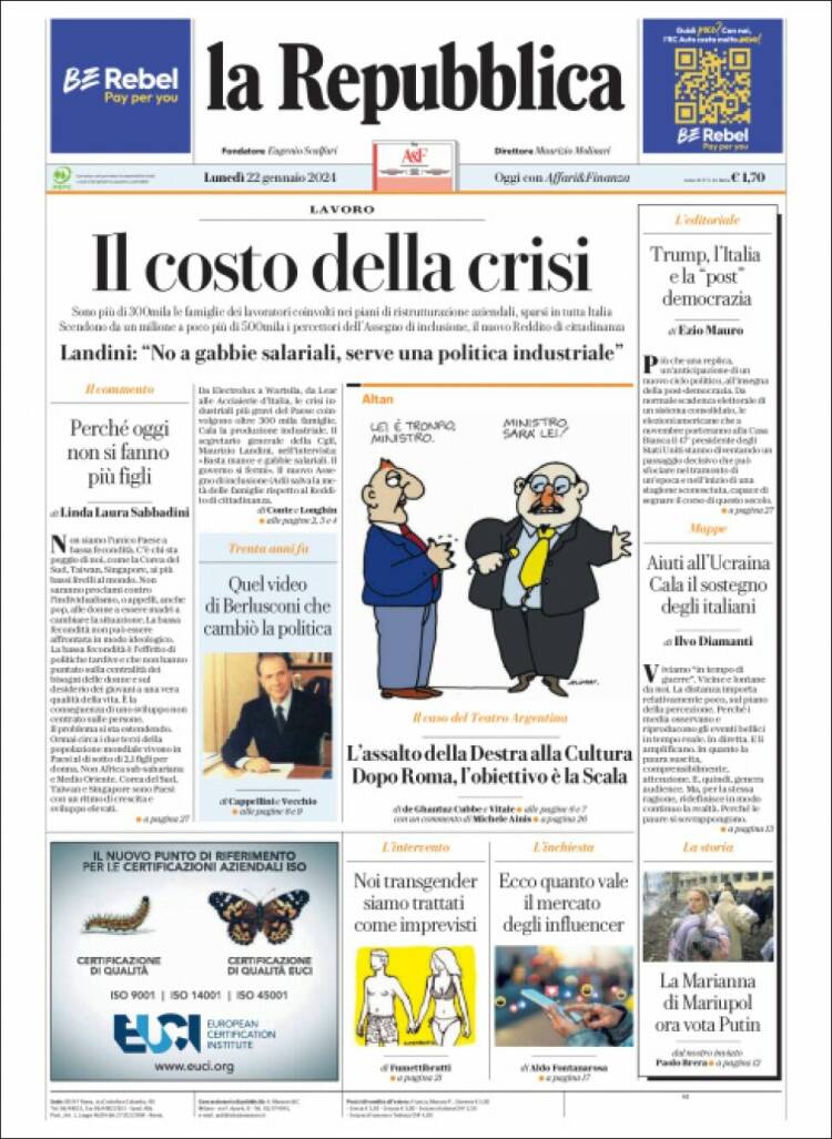 Portada de La Repubblica (Italia)