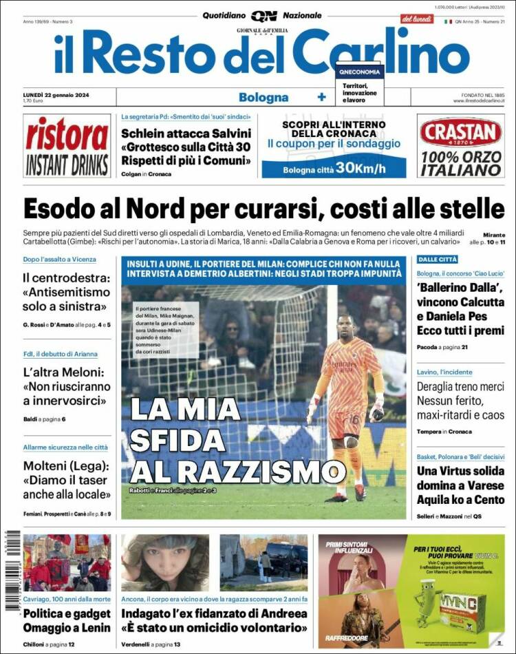 Portada de Il Resto del Carlino (Italia)
