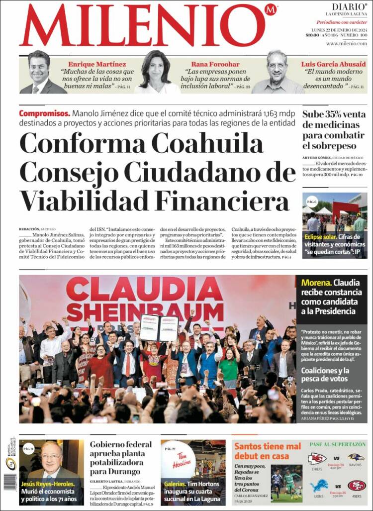 Portada de Milenio - Laguna (México)