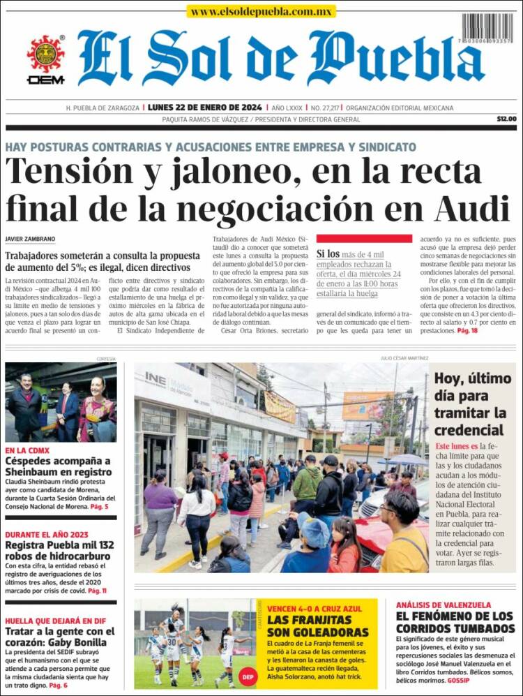 Portada de El Sol de Puebla (México)