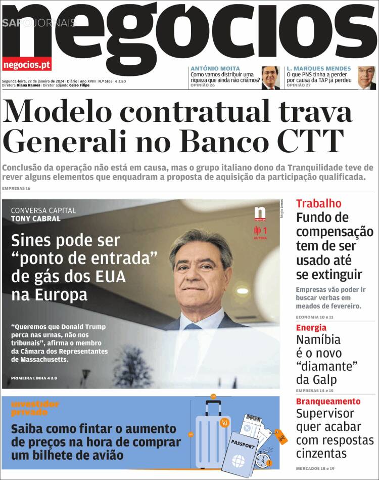 Portada de Jornal de Negócios (Portugal)