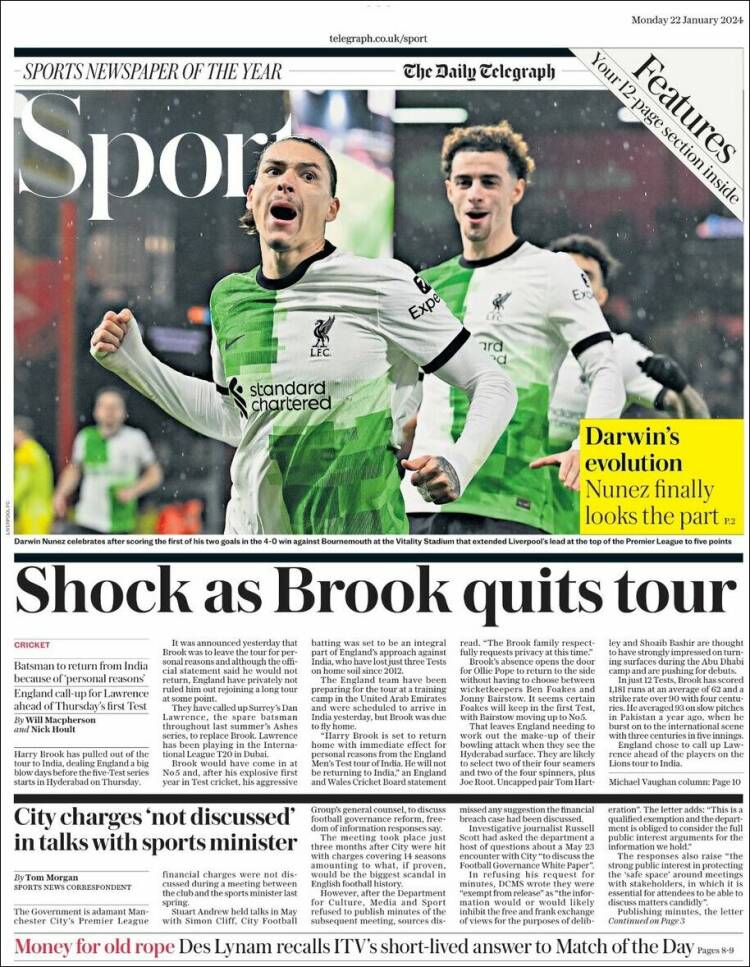 Portada de Telegraph Sport (Reino Unido)