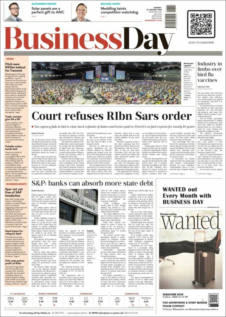 Portada de Business Day (Sud&aacute;frica)