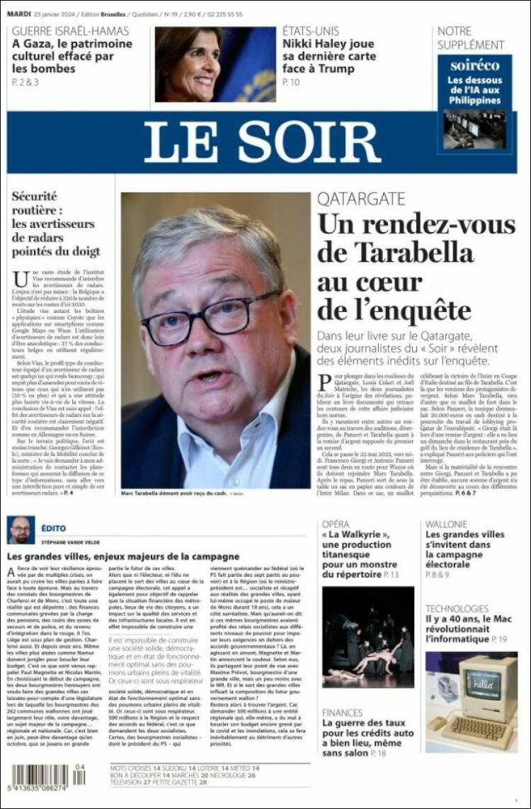 Portada de Le Soir (Bélgica)