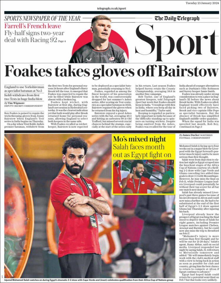 Portada de Telegraph Sport (Reino Unido)