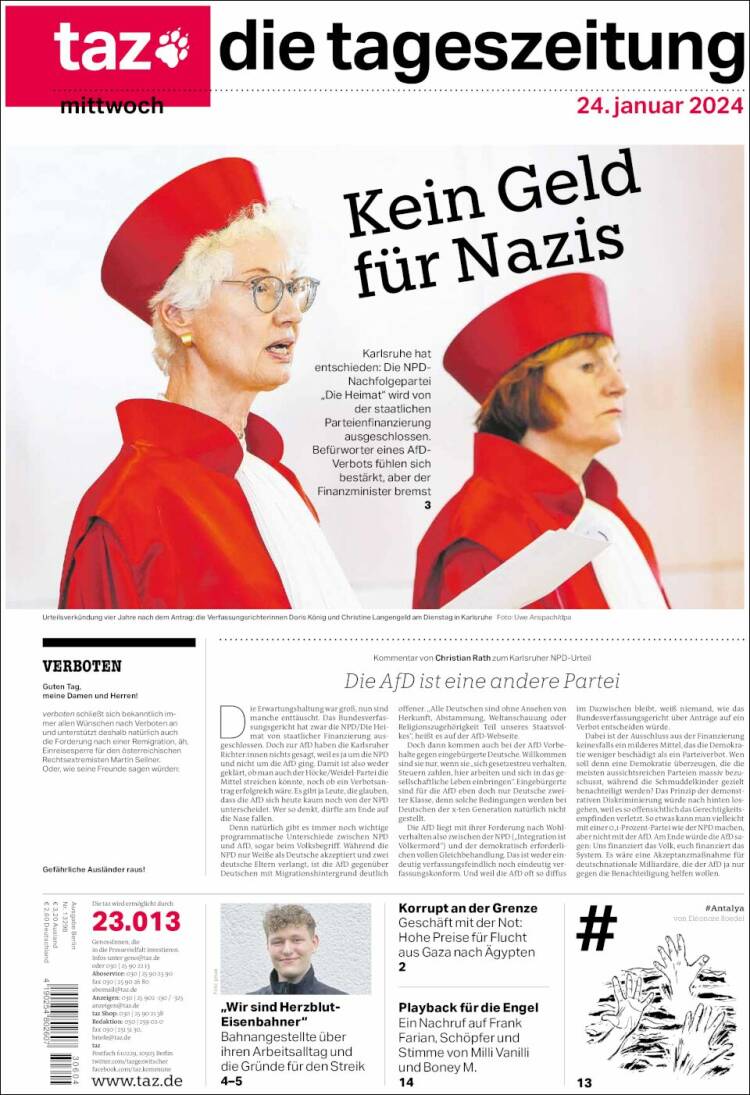 Portada de Die Tageszeitung (Alemania)