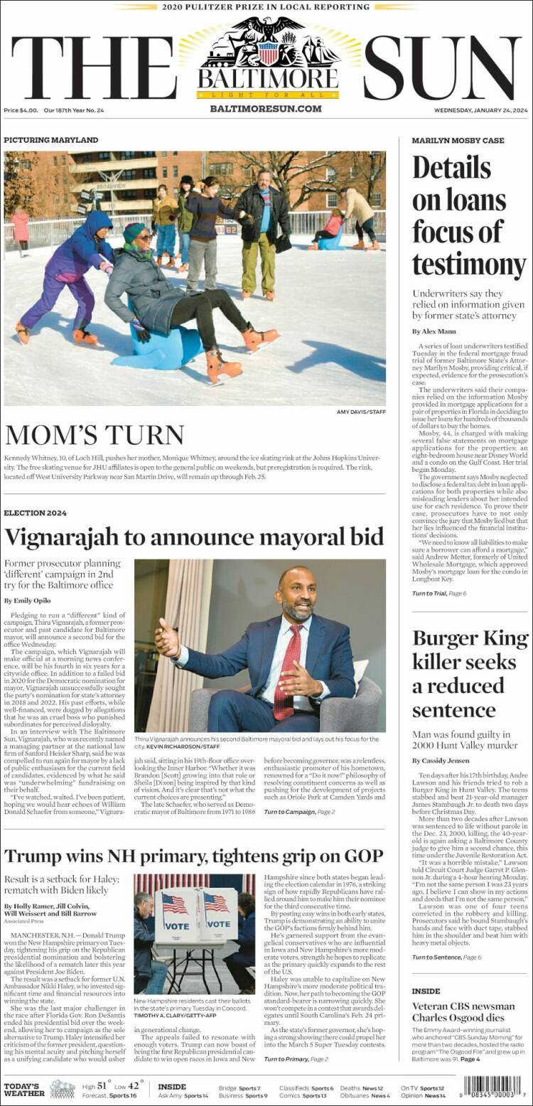 Portada de The Baltimore Sun (USA)