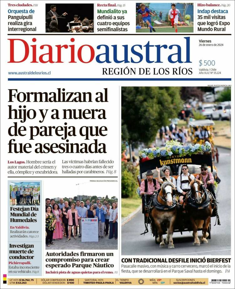 Portada de El Diario Austral de Valdivia (Chile)