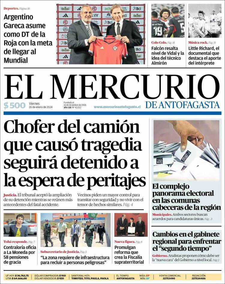 Portada de El Mercurio de Antofagasta (Chile)