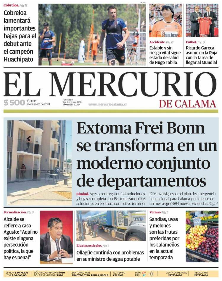 Portada de El Mercurio - Calama (Chile)