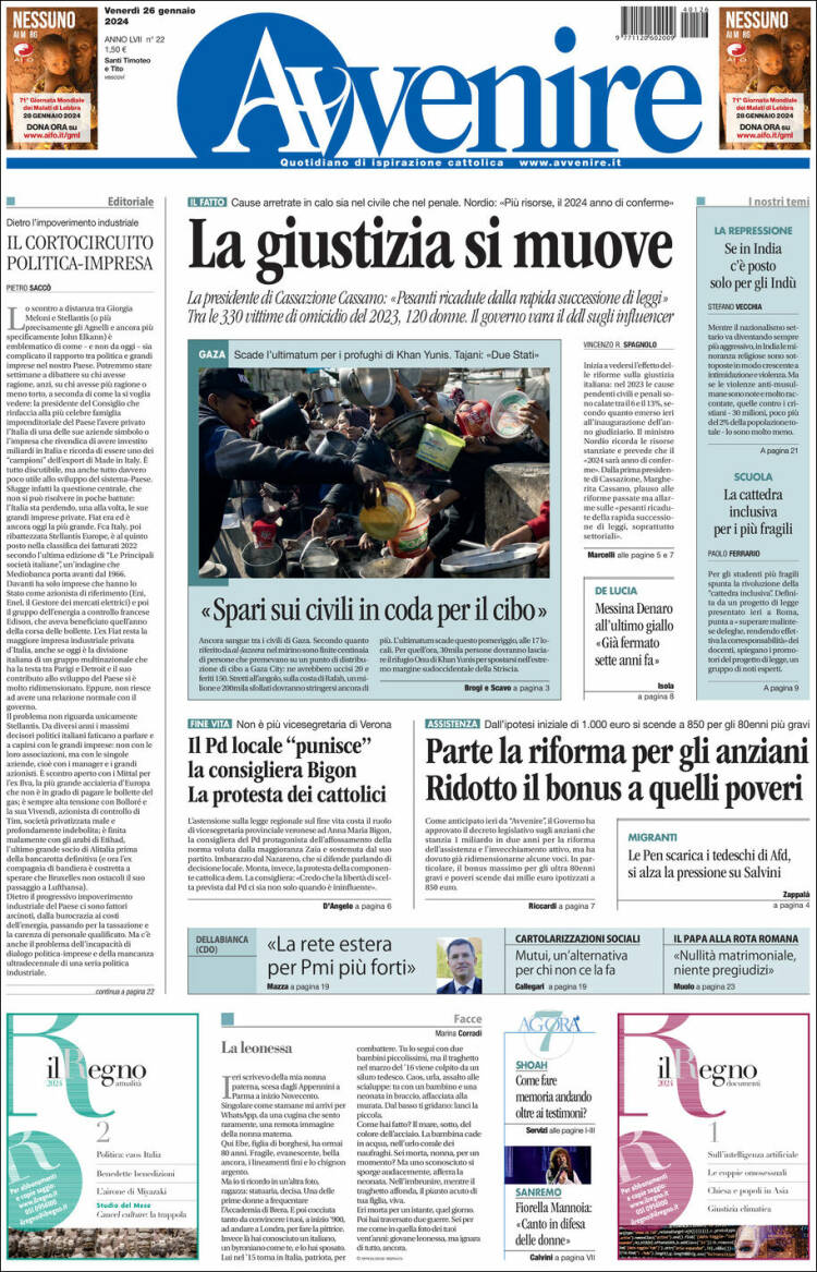 Portada de Avvenire (Italia)