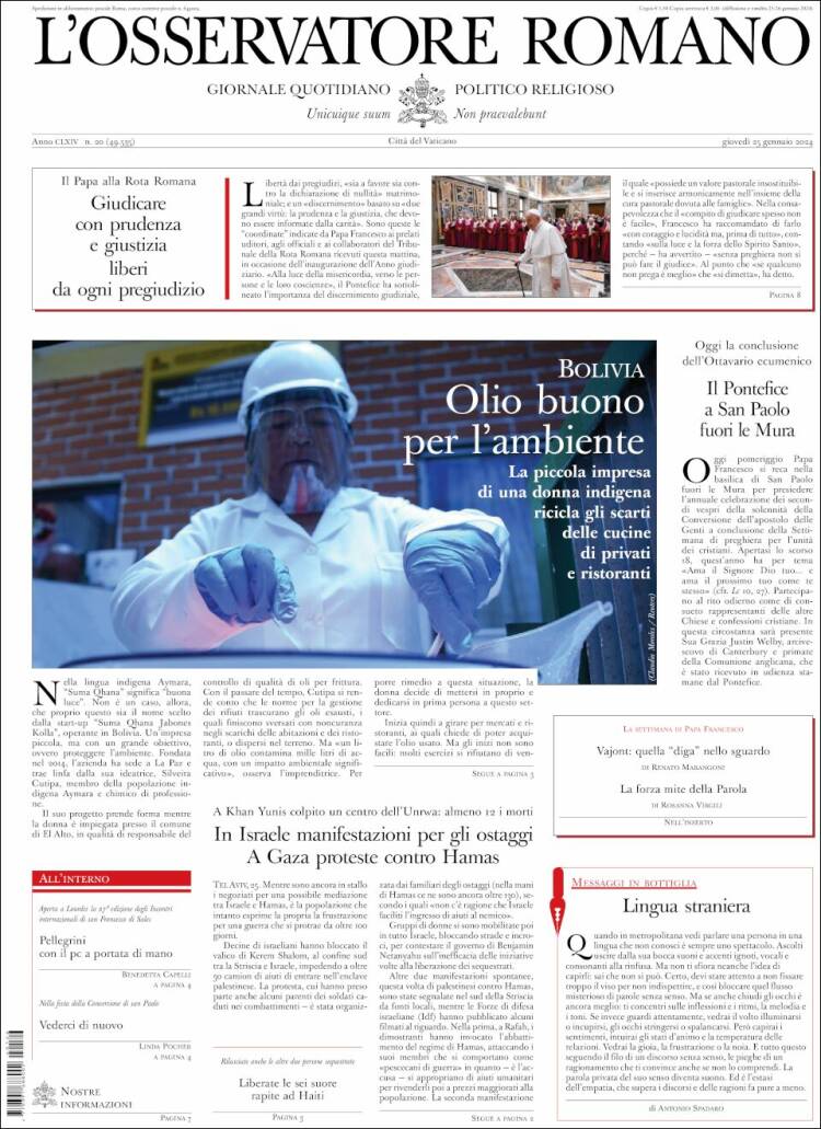 Portada de L'Osservatore Romano (Italia)