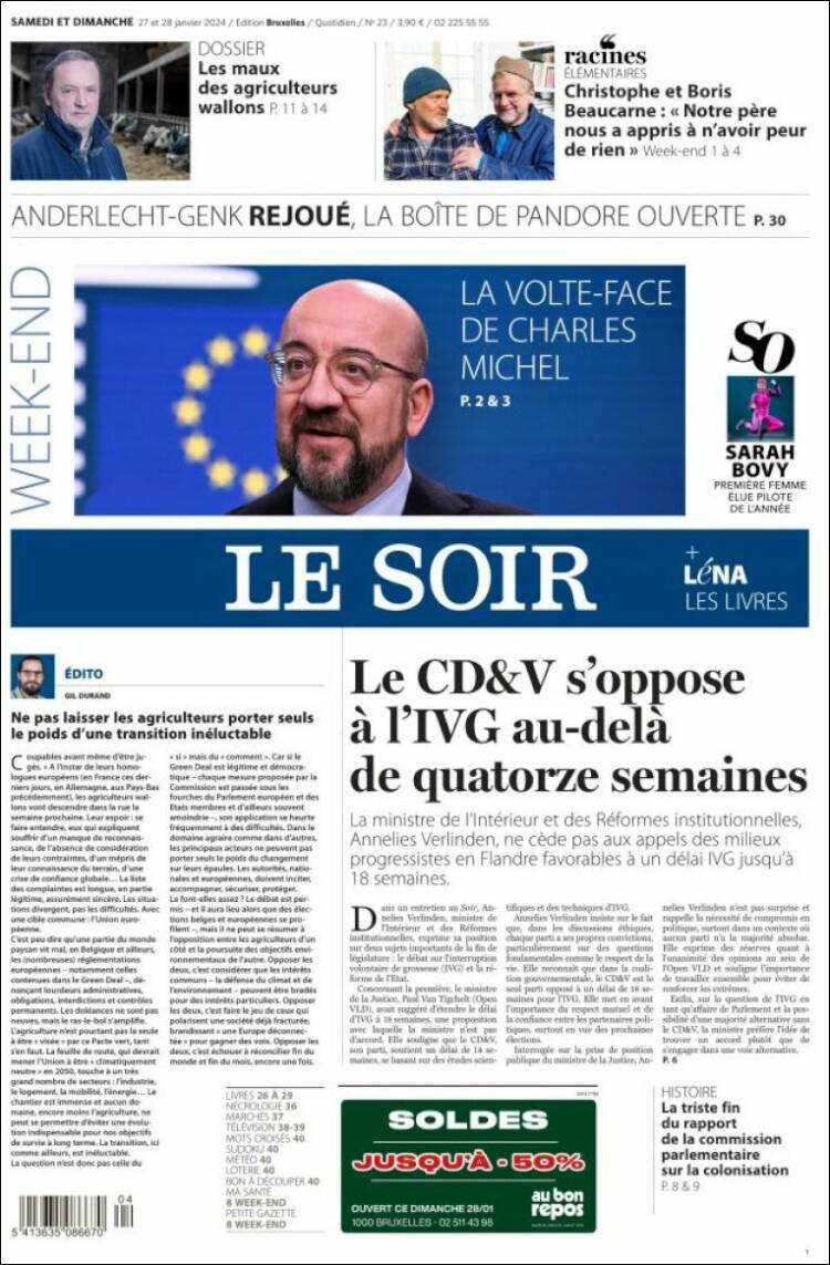 Portada de Le Soir (B&eacute;lgica)
