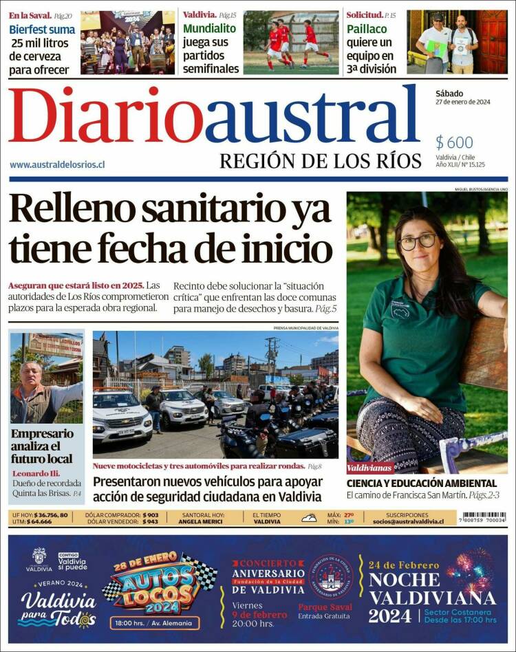 Portada de El Diario Austral de Valdivia (Chile)