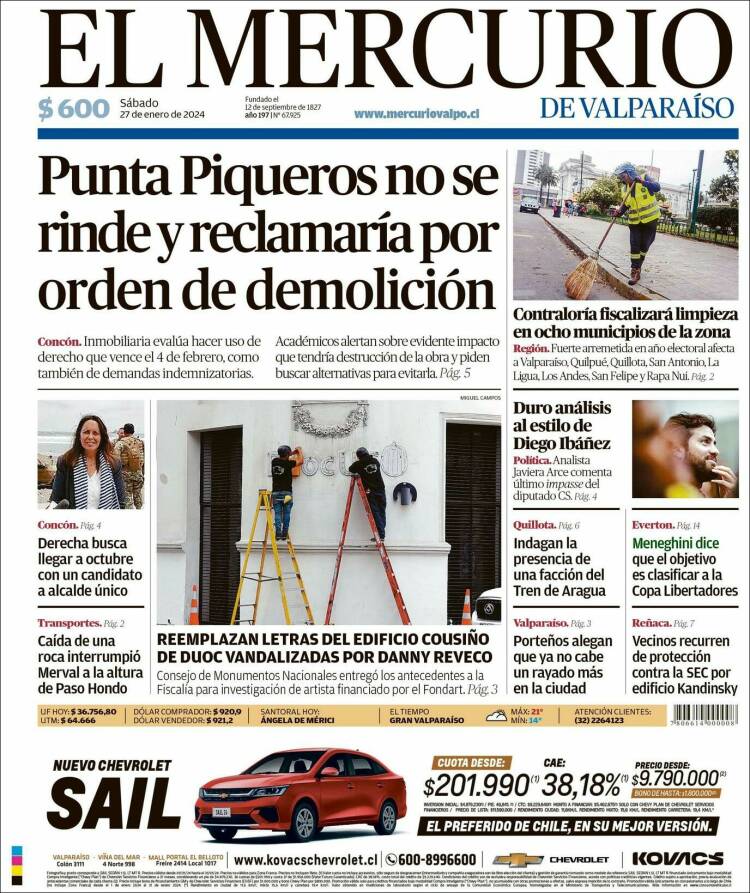 Portada de Mercurio de Valparaiso (Chile)