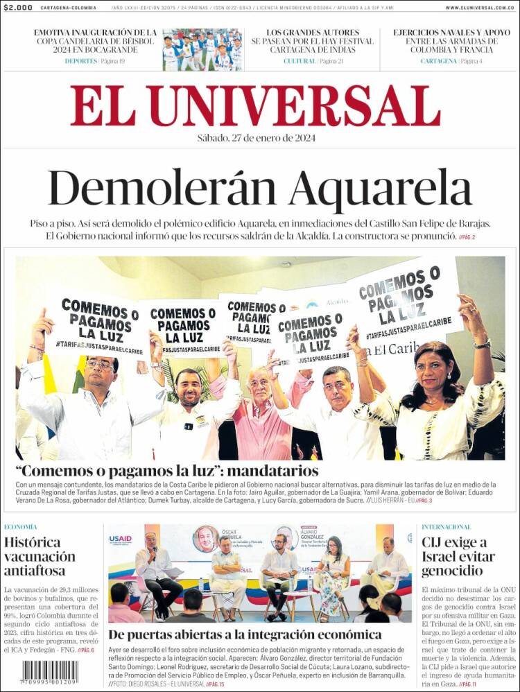 Portada de El Universal (Colombia)