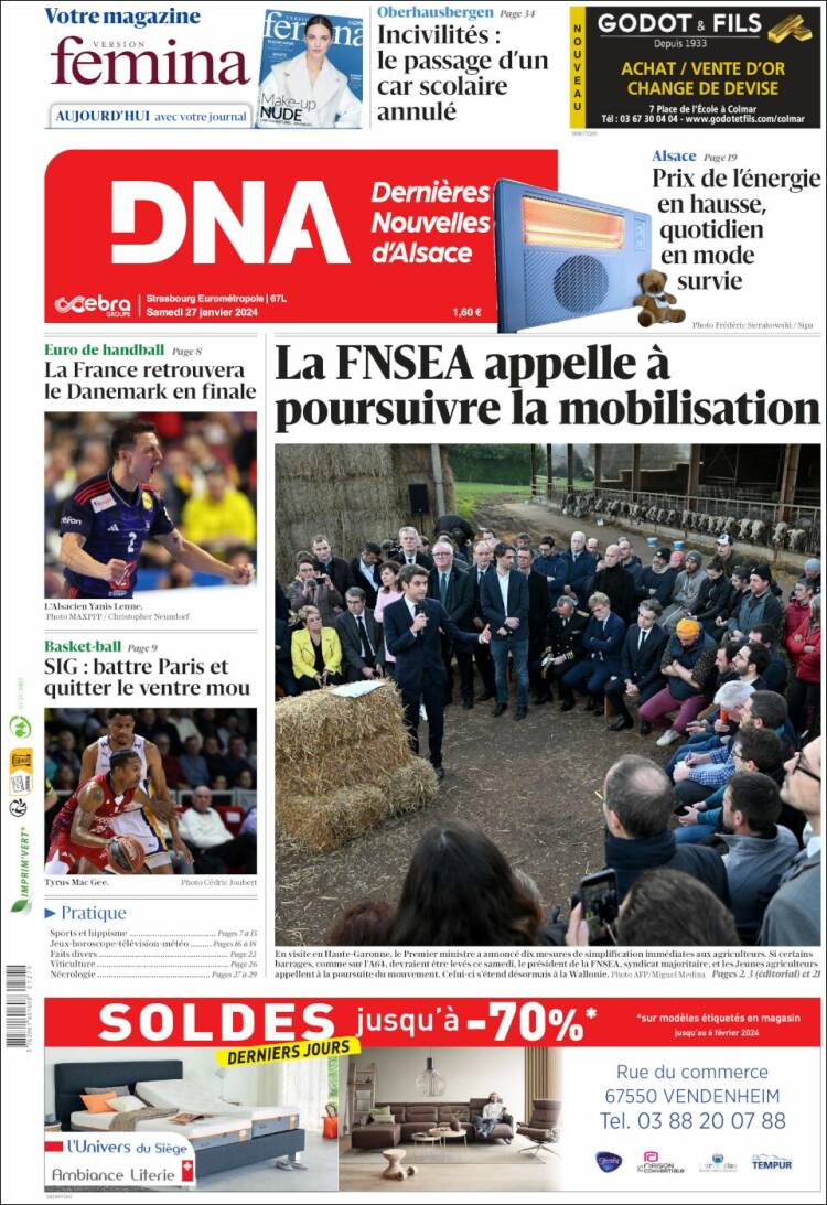 Portada de Les Dernières Nouvelles d'Alsace (Francia)