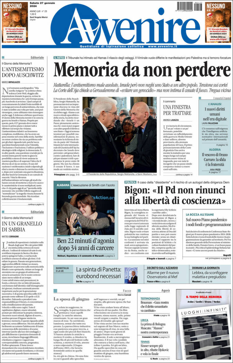 Portada de Avvenire (Italia)