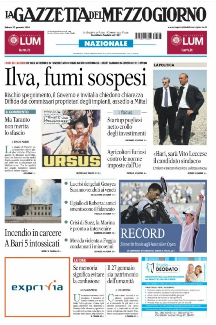 Portada de La Gazzetta del Mezzogiorno (Italia)