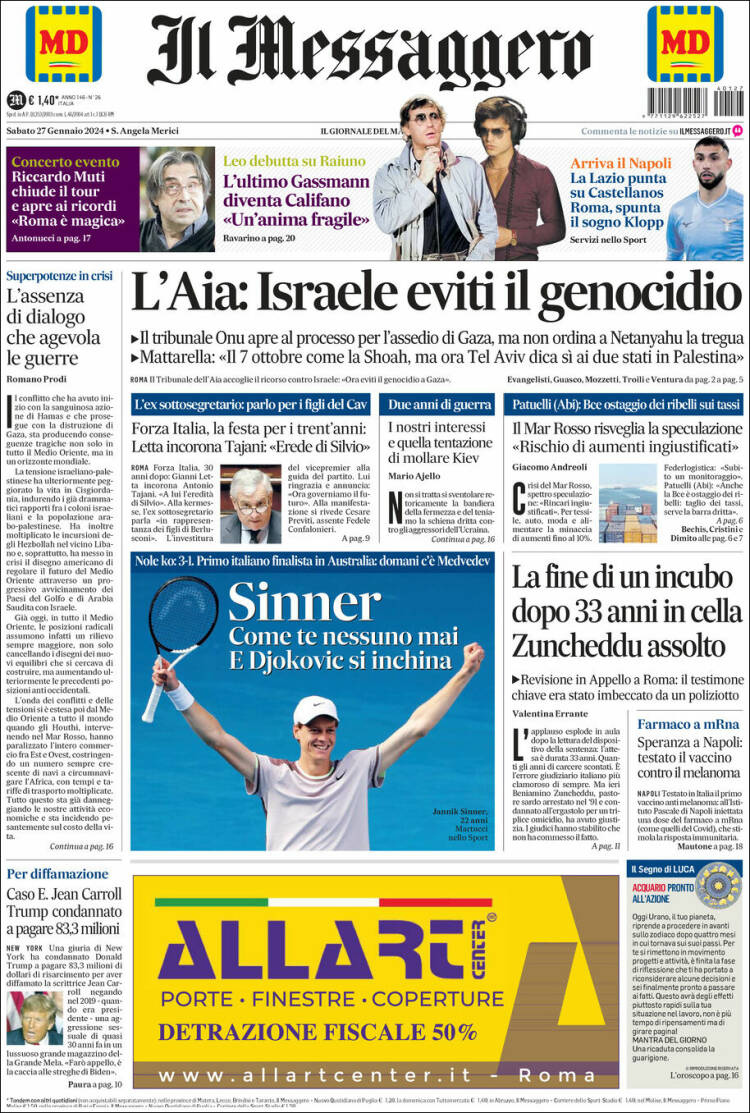 Portada de Il Messaggero (Italia)