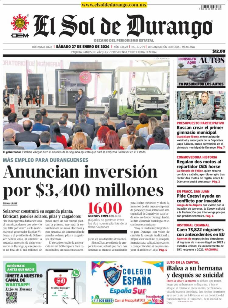 Portada de El Sol de Durango (M&eacute;xico)