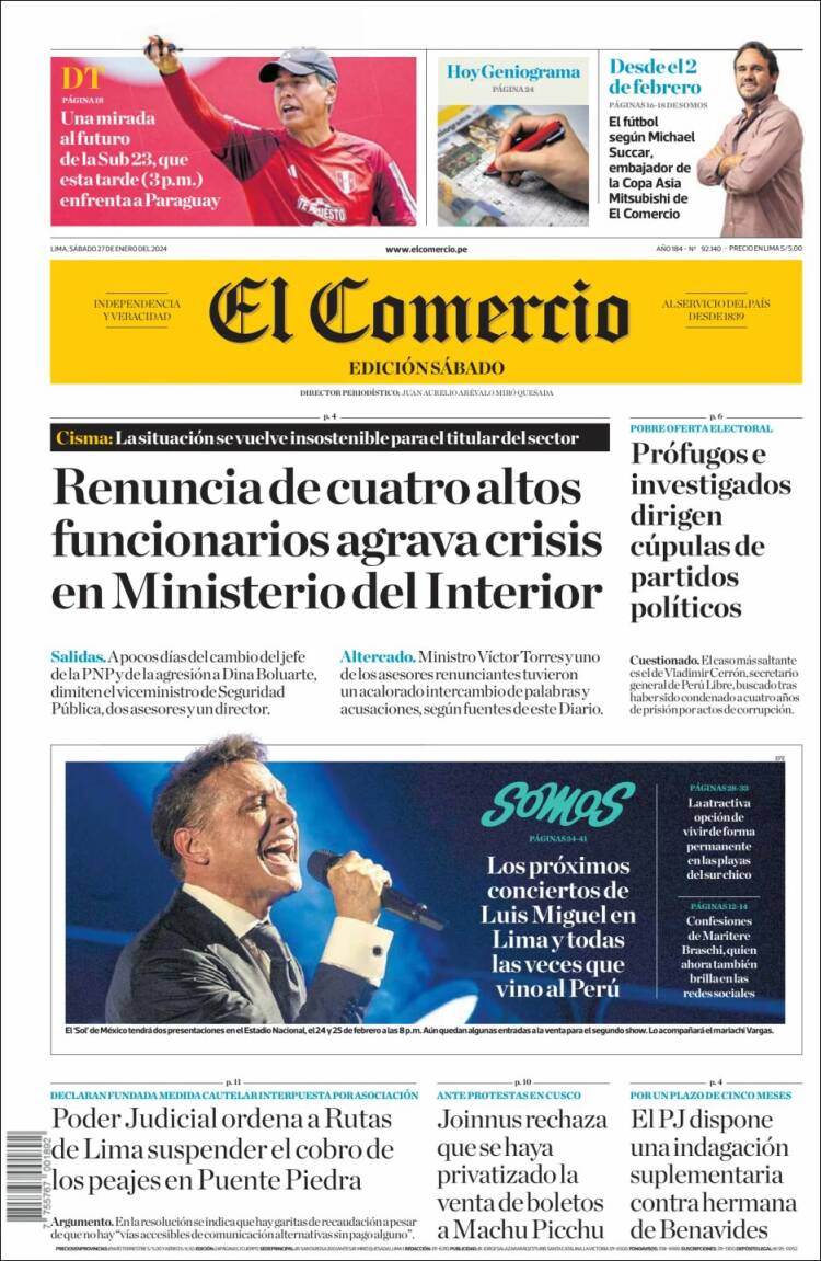 Portada de El Comercio (Per&uacute;)