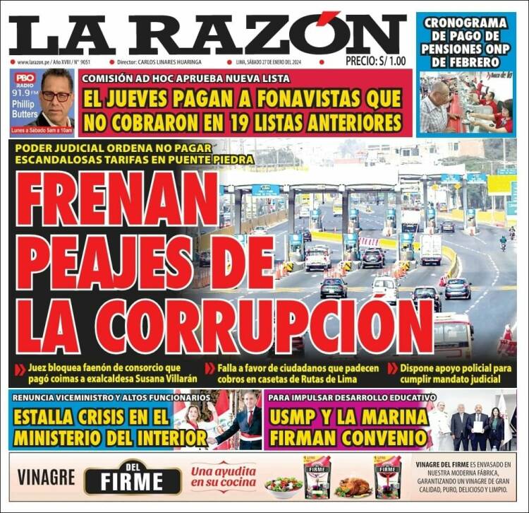 Portada de La Razón (Per&uacute;)