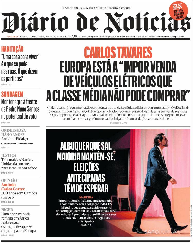 Portada de Diário de Noticias (Portugal)