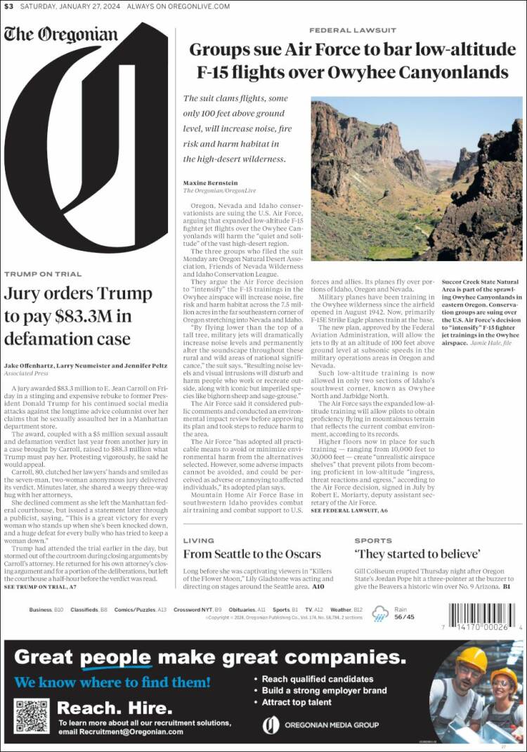 Portada de The Oregonian (USA)