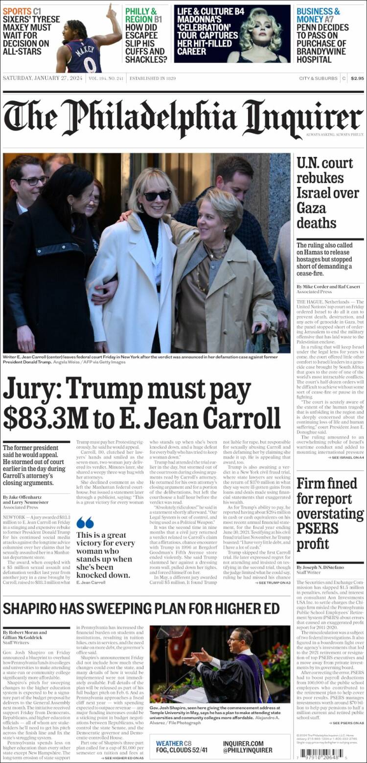 Portada de Philadelphia Inquirer (USA)