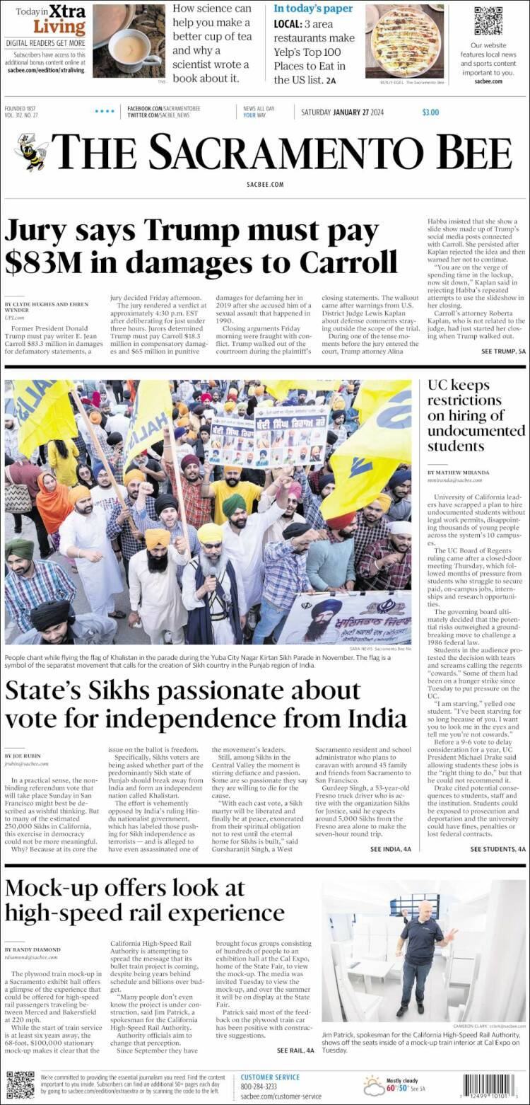 Portada de The Sacramento Bee (USA)