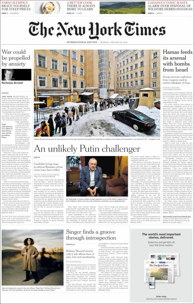 Portada de International New York Times (Europa)