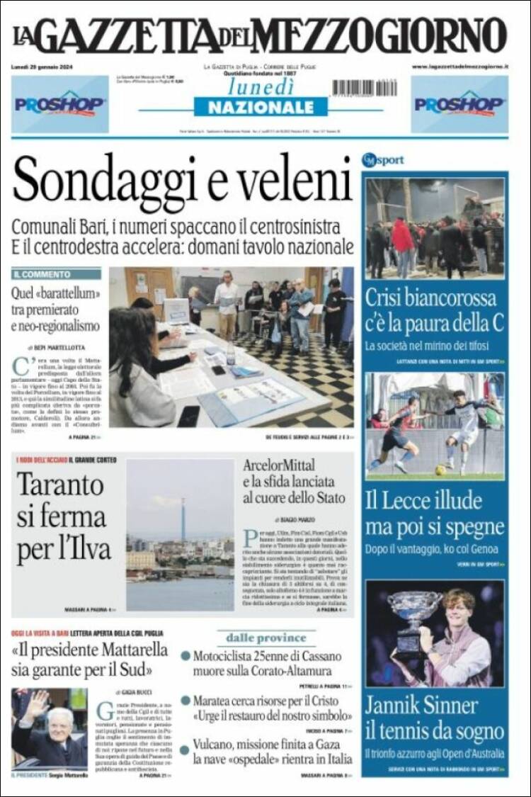 Portada de La Gazzetta del Mezzogiorno (Italia)