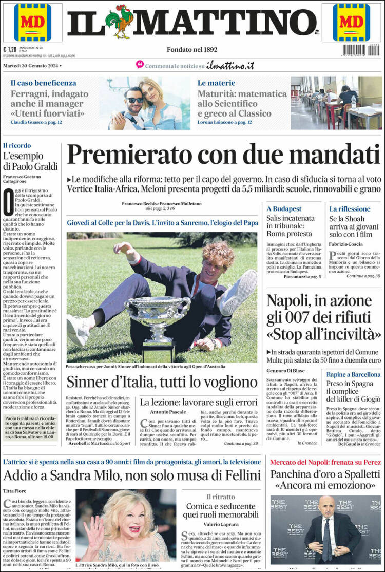 Portada de Il Mattino (Italia)