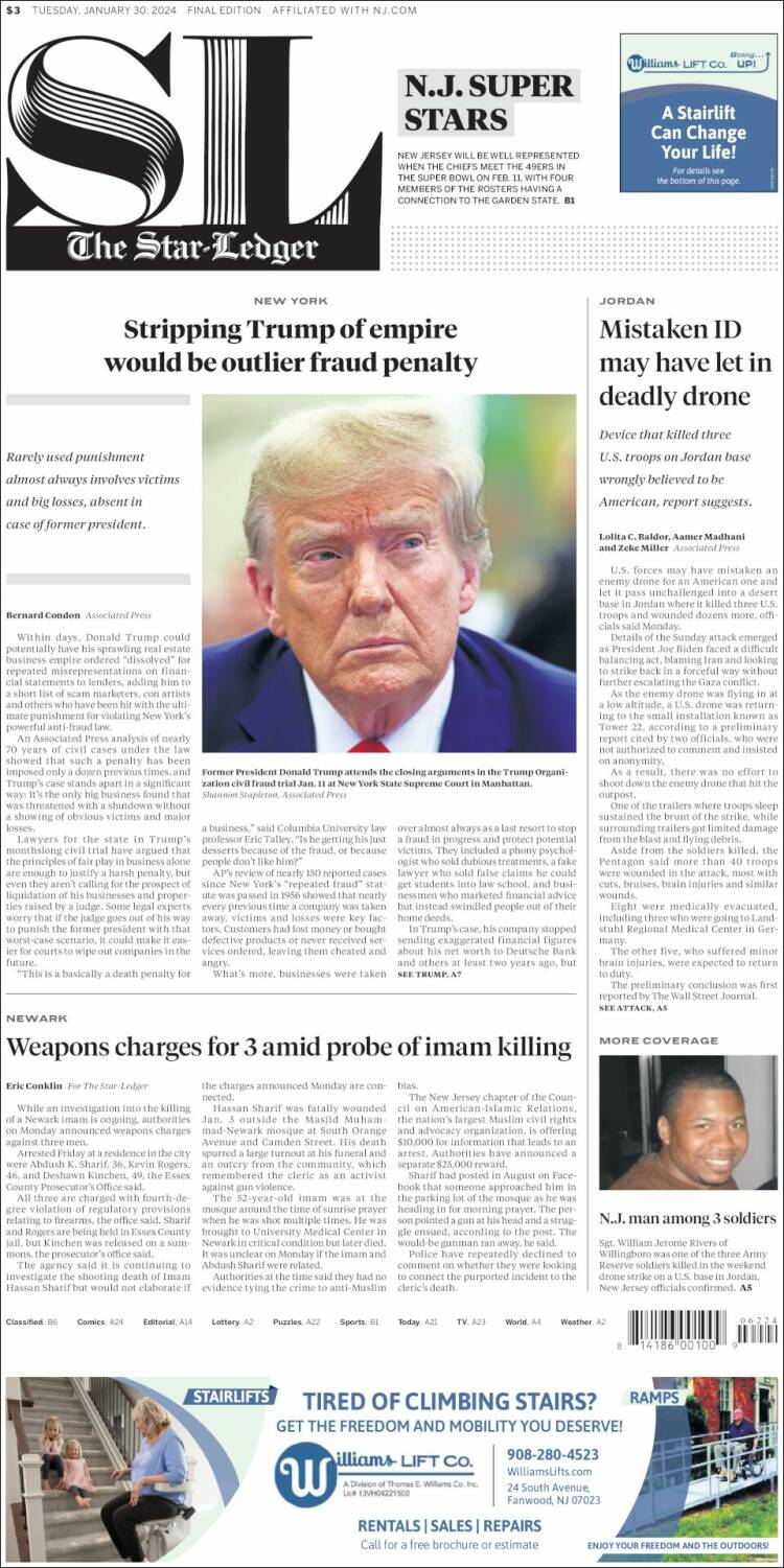 Portada de Star-Ledger (USA)